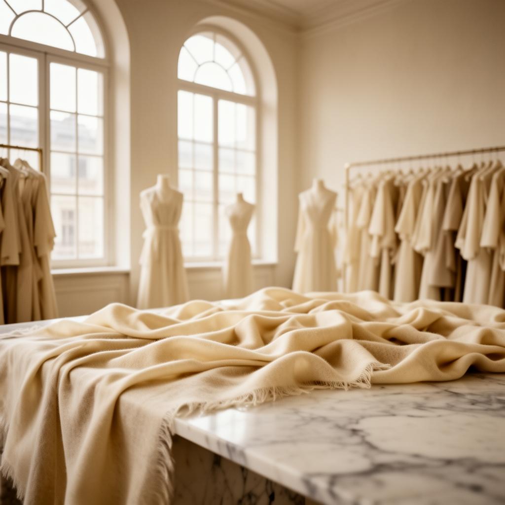 Sunlit luxury atelier with draped cashmere on a marble surface